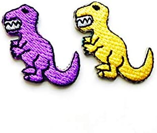 Set od 2 malenog. MINI T-REX dinosaur žuta ljubičasta boja Dinosaur Cartoon Logo flasteva za šivanje željeza na vezenom aplicijskoj znački znak patch odjeće kostim
