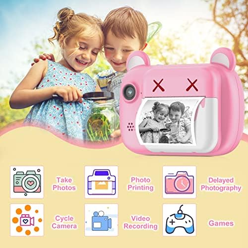 Kamera za Instant Print za djecu - Bearbrick Selfie dječija kamera sa nultim mastilom | dvostrukim objektivom | 1080p HD / 2.4 Inch | 1000 mAh | 3 rolne papirna kamera za štampanje za djevojčice dječake od 3-12 godina