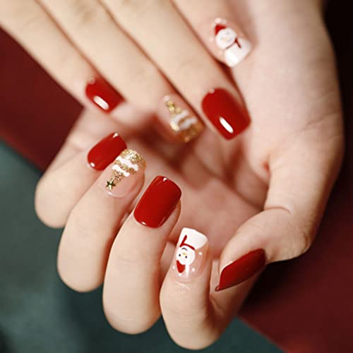 Olbye kratka kvadratna presa na noktima sjajna pahuljica crveni lažni nokti Glitter Elk lažni nokti akrilni puni poklopac nokti Božićni dodatak za nokte za žene i djevojčice 24kom