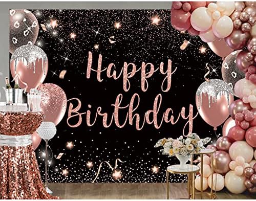 Maijoeyy 7x5ft Happy Birthday Banner za žene Rose Gold i Black Birthday Backdrop za žene Glitter Balloon Birthday