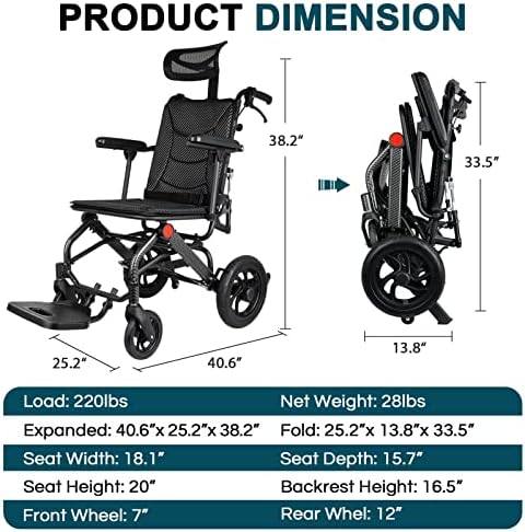 Tripaide sklopiva ležeća invalidska kolica, prenosiva kolica za prevoz, mogu se nagnuti za 165 stepeni, sa podesivim naslonom za glavu, lagana invalidska kolica za odrasle, podržavaju do 220 lbs - težina 28 lbs