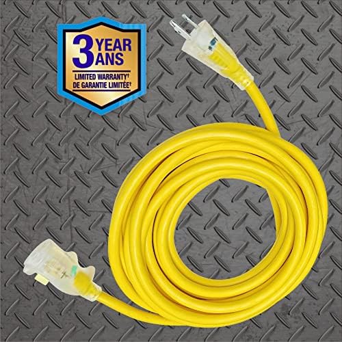 Apolono žica i kabel, 100ft teški kabel, žuti, 12/3 SJTW, 3-kanali, osvijetljeni konektor za zaključavanje plus 12ft teški produžni kabel, žuti, 3 otvori, 12/3 sjtw