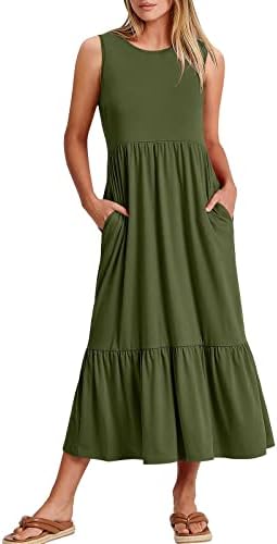 SUTWOEN ljetne haljine za žene 2023 Ležerna haljina za tenkove na plaži Crew vrat bez rukava s volanima Swing sarafan s džepovima