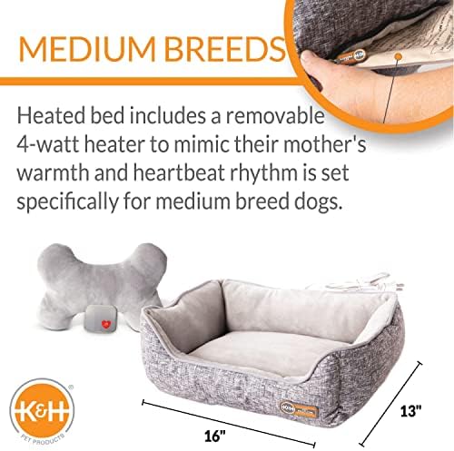 K & H proizvode za kućne ljubimce Majčin kućni krevet za grijani krevet sa koštanim jastuk za srce štene, novi štenad esencijalni grijani štenad + pasa Anksioznost igračka - siva 13 x 16 inča ritam srca