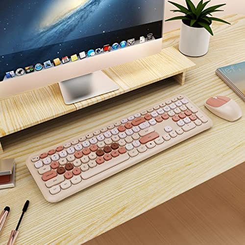 Bežična tastatura i miš kombinacija, šarena ergonomska Retro tastatura pune veličine sa niskim nivoom buke sa simpatičnim kapicama za ključeve, kompatibilna sa Windows, PC, Perfer za kućne i kancelarijske tastature
