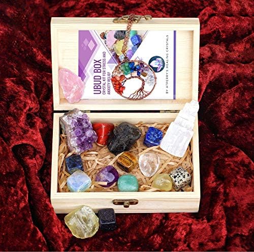 Atperryjevi 16 velikih prirodnih kristalih kristala postavljenih u drvenoj kutiji - srušeni, grubi i sirovi kristali, uključujući selenite toranj, crni turmalin, ametist, ruža, citrine i okolo