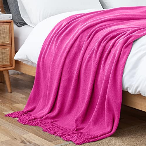VONTY vruće ružičasta pletena pokrivačica sa resicama 50 x 60, super mekani pleteni bacač, seoska kuća ukrasna lagana pokrivačica za kauč, kauč, sofe, krevet