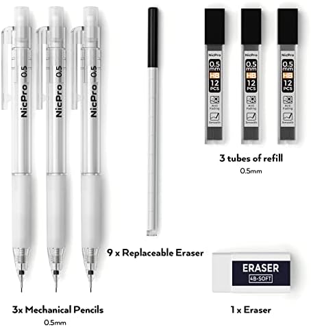 Nicpro 9 kom pastelna mehanička olovka 0,5 & 0,7 mm za školu, sa 15 cijevi HB Olovo punjenje, 4 gumice, 18 gumica za pisanje crteža učenika, skiciranje, plava & amp; roze & amp; ljubičica & amp; bijele boje