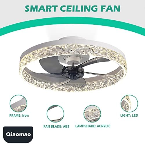 Qiaomao stropni ventilatori sa svjetlima, ventilator s niskim profilom sa aplikacijom i daljinskim upravljačem, reverzibilni stropni stropni stropni ventilator za montažu bez rukava, zatamnjeni pametni LED rasvjeta