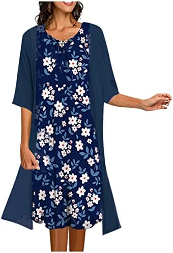 Haljine za žene 2023 Baggy šifon Crew Neck Floral Print Midi Sundresses 2 Piece koktel kardigan