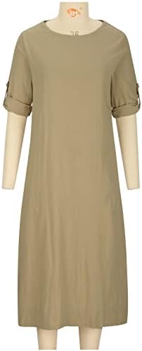 Ženska ljetna moda jednobojna okrugla vrata sa srednjim rukavom pamučna lanena haljina labava Midi haljina