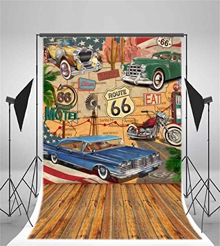 Aofoto 5x7ft Vintage Route 66 pozadina za prikaz proizvoda Comic Retro Motel Motor Car Truck Poster drveni pod portret fotografija pozadina znakovi punionica usluga guma za odrasle deca Photo Shoot Prop