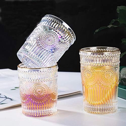 Chicmo 9 oz iridescentni set čaša za piće od 6 pakovanja, Vintage reljefni stakleni čaši za vodu sa zlatnim