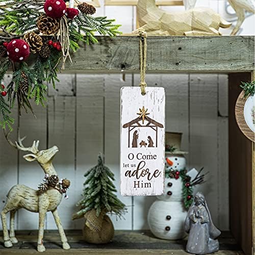 Kolektivni dom - drveni Božićni dekor, rustikalni Božićni znak, ukrasi za božićno drvce, rođenje Wisemen Hrist Isus, vjerski dekor za dom, O dođite da ga obožavamo, 9,5 H × 4 L × 0,38 W