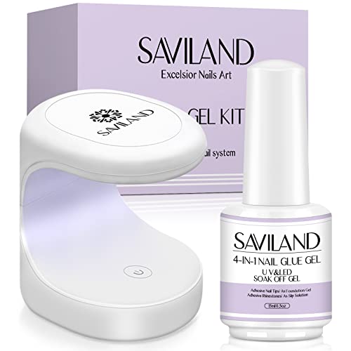 Saviland Gel lepak za nokte sa kompletom Mini lampe za nokte, 4-u-1 U V Gel za lepljenje noktiju 15ml za vrhove noktiju i 16w prenosivo U V svetlo za lako i brzo stvrdnjavanje Gel za ekstenziju noktiju DIY Nail Art