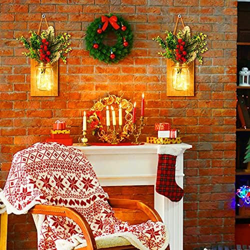 2 komada božićne zidarske staklenke sconce crvene bobice rustikalne masonske jarse sconce božićni zidni viseći dekor sa LED trakom svjetla za Xmas Dekor za kuhanje za odmor