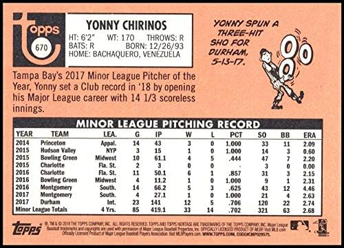 2018 TOPPS Heritage High broja Baseball 670 Yonny Chirinos RC Rookie Tampa Bay Rays Službena