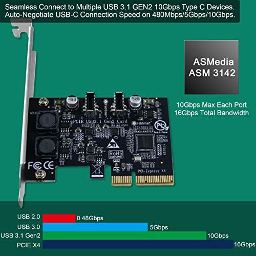 FEPSMART PCIE X4 do 2x 10Gbps Max brzina USB 3.1 Gen2 Tip E tipka za ports kartica, USB 3.1 GEN2 10Gbps zaglavlje za radne površine na prednjoj ploči USB-C portovi, ugrađeni u samoelektranu