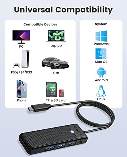 USB C Hub, ORICO USB Hub sa čitačem SD/TF kartica, 3 USB 3.0 porta, USB Splitter USB Expander za Laptop, Xbox, fleš disk, HDD, konzola, štampač, Kamera, Keyborad, miš