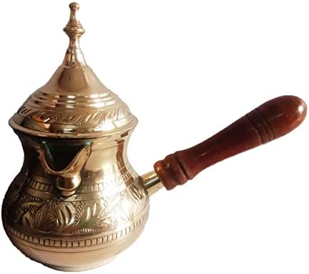 Deblje čvrsti mesingani grčki arapski arapski aparat za kafu sa poklopcem i drvenom ručkom obloženom