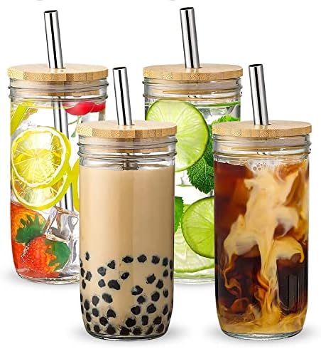 [4 Pakovanje] set Glass Cups-24 oz wide Mouth Mason Jar staklene šolje sa bambusovim poklopcima i srebrnim