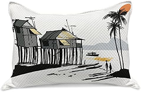 AMBESONNE Primorski pleteni jastuk za pletenje, skica ribolov seo Malay u Singapuru sa kućnim kućnim kanuom palms Sun print, standardni kralj jastuk za jastuk za spavaću sobu, 36 x 20, crna siva narančasta