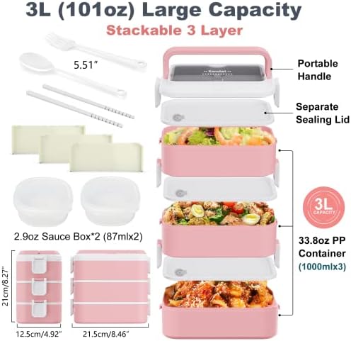 Kenuket Bento kutija za ručak, posuda za ručak za odrasle sa 3l velikog kapaciteta, 3-slojna kutija za