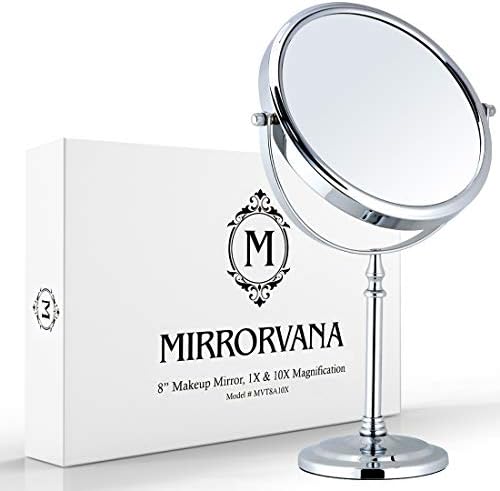 MIRRORVANA Veliko srebrno ručno ogledalo i dvostrano 10x / 1x uvećavajuće ogledalo za šminkanje sa snopom