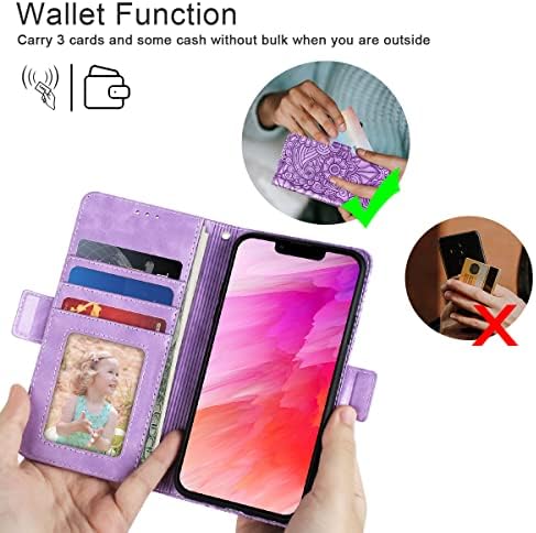 Petocase za iPhone 13 futrola za novčanik,reljefna Mandala Floral Leather Folio Flip Wristlet Shockproof zaštitni ID Slotovi za kreditne kartice poklopac držača za iPhone 13 6.1 Purple