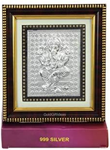 GoldGiftideas Pure Silver Lambodar Ganesha okvir za poklon, Ganpati Drveni okvir za fotografije za puju,