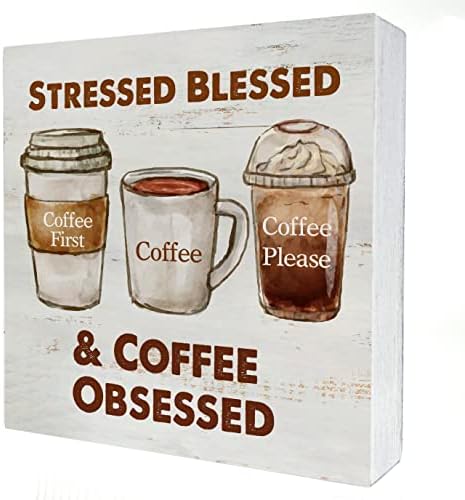 Smiješna kavana Drvena kutija Dekor natpisan Blagoslovljen i kafa opsjednuta drvenim blokom plaketa rustikalna