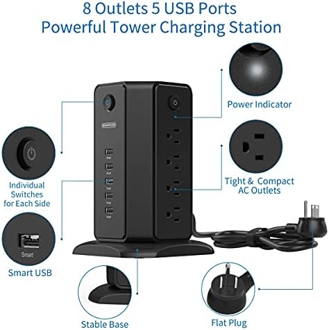 Ntonpower Flat Plug Power Strip sa USB priključcima i toranj za zaštitu od prenapona ravni utikač, Prekidač