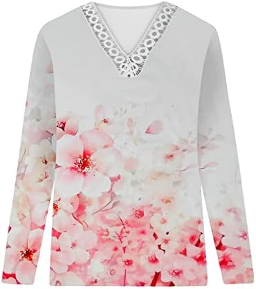 Jesen cvjetni štampani vrhovi za žene kukičane čipke Trim V vrat majice Casual labave pulover Tee ženske