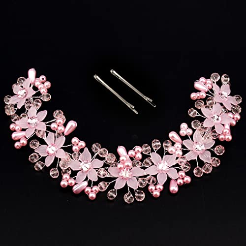 CURASA Flower Crown Pink Girl Headpiece Crystal Pearl traka za glavu za vjenčanu princezu kruna za djevojčice