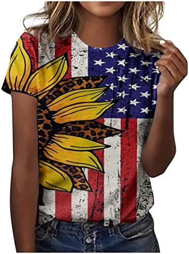 Dan Nezavisnosti Shirt Ženska Američka Zastava Suncokretove Majice Casual Crew Vrat Kratki Rukav Tee Tops Ljetna Grafička Bluza