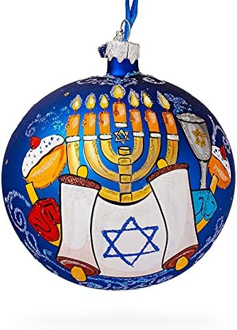 Menorah i jevrejski simboli staklena kugla Ornament 4 inča