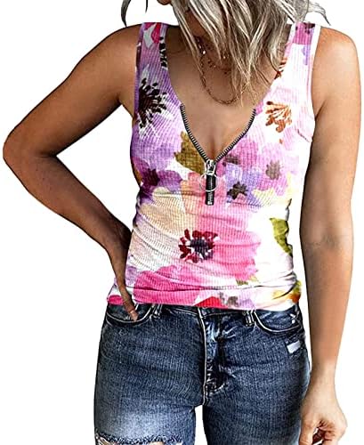 Ženski Henley bez rukava na vrhu šarene pruge prednji patentni zatvarač s rebrastim V izrezom T majica Ljeto Slim
