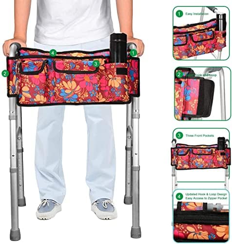 supregear Walker torba i torba sa strane naslona za ruke, torbica za organizatore cvjetnih hodalica i Crna bočna torba za naslon za ruke sa reflektirajućim prugama za Walker Rollator Scooters invalidska kolica