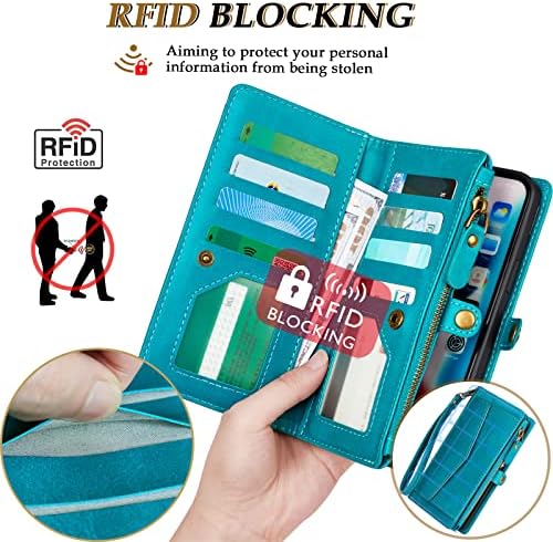 Dkdksip za iPhone 14 Pro torbicu za žene, podržava bežično punjenje sa RFID držačem za blokirajuće kartice, kožni Patentni zatvarač 2 u 1 odvojiva magnetna futrola za telefon sa narukvicom preko trake, plava