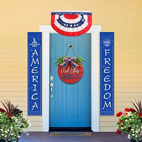 4. jula Patriotski vijenci za ulazna vrata, Americana Memorijalni dan Bog blagoslovi Ameriku Patriotski dekor, Dan nezavisnosti Summerhouse Patriots Hanger za vješalice, crveni bijeli plavi znak