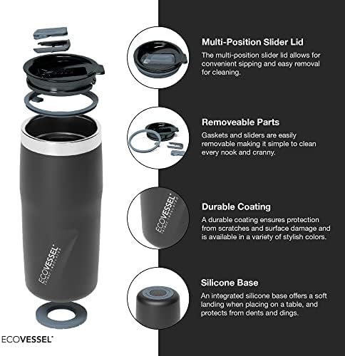 EcoVessel METRO Vakuumska čaša od nerđajućeg čelika, izolovana boca za vodu, putna šolja za kafu sa poklopcem klizača i neklizajuća ledena šolja za kafu - 16 oz
