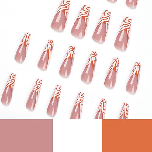MISUD Long Press on Nails Coffin lažni nokti narandžasta talasna linija lepak na noktima sjajni balerina akrilni nokti francuski vrh lažni nokti sa Swirl dizajnom 24 kom
