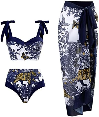 Wiuitrie Womens bikini set 3 komada Elegantni vintage print ruffled čipke up brazilski thong