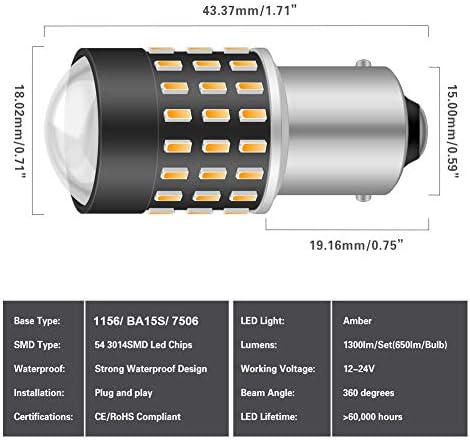 NATGIC 1156 BA15S 1095 7506 LED žarulje Izuzetno svijetle 3014SMD 54-ex čipset sa projektorom objektiva za svjetla signala, bočna oznaka svjetla, lampica okretaja, 12-24V, amber