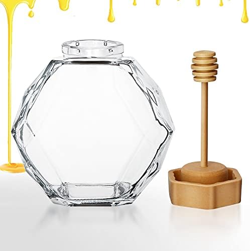 Bfttlity Honey Pot Jar Šesterokutni oblik posuda za lonac za med 380ml staklena tegla za med sa Diperom i poklopcem poklopca za kućnu kuhinju