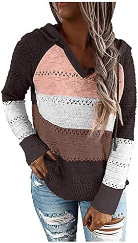 ZEFOTIM ženski pleteni džemper s prugama lagani blok u boji duksevi dugi rukavi s kapuljačom