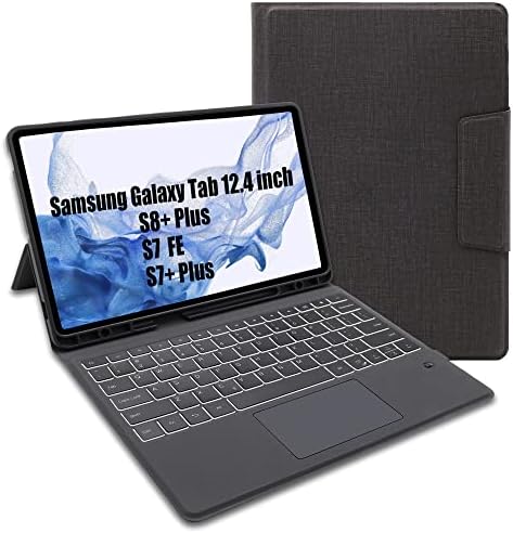 Futrola za tastaturu za Samsung Galaxy Tab S8 Plus / S7 FE / S7 Plus 12,4 inča-tanka bežična Smart Touch trackpad tastatura Folio tablet Cover - Tastatura sa pozadinskim osvetljenjem sa postoljem za Tab S8+ / S7 FE/ S7 + Crna