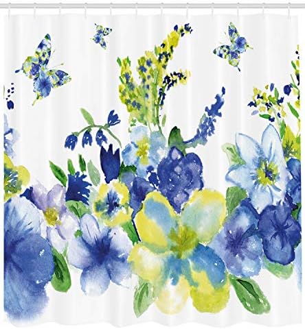 Ambesonne žuta i plava tuš zavjesa, proljeće cvjetni akvarel cvjetao živahni cvjetovi Dizajn, tkanina od tkanine kupatilo sa kukama, 69 Š x 75 L, vapno zeleno plavo plavo