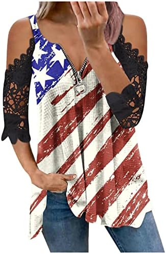 Ženski dan neovisnosti Tunika vrhova ljeto hladno rame čipka majica kratkih rukava sa majicama patentnih rukava s izrezom američke zastava