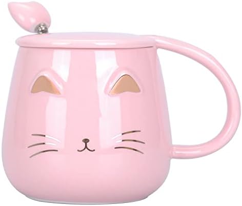 VanEnjoy 13oz Pink Cute Kitty keramička šolja za kafu , dizajn mačke, sa kašikom od nerđajućeg čelika, šolja za kafu za ljubitelje mačaka